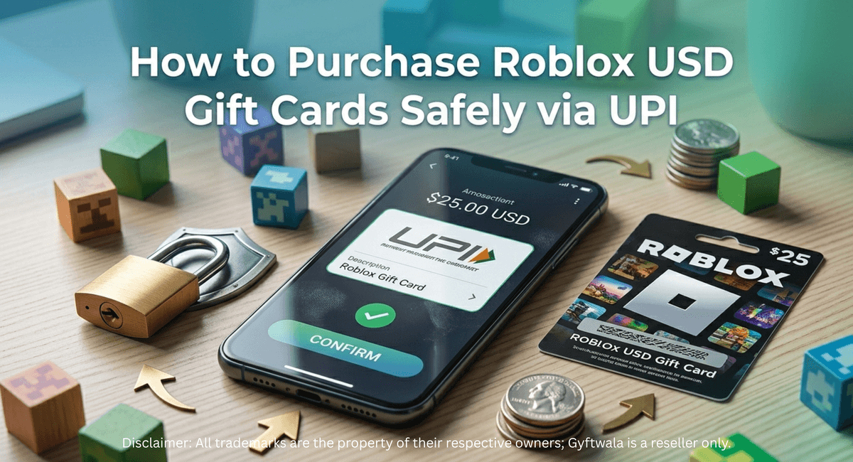 Roblox USD gift card purchase safely via UPI payment on smartphone screen