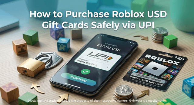Roblox USD gift card purchase safely via UPI payment on smartphone screen