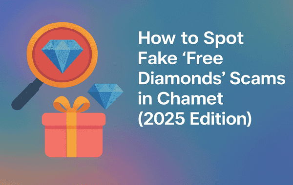 Magnifying glass with diamond and gift box text about spotting Chamet diamond scams