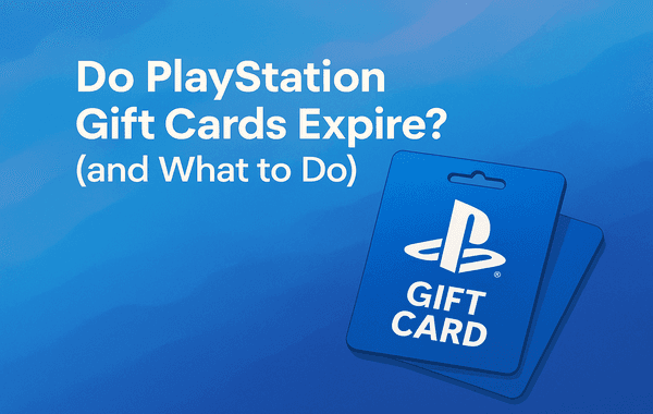 Illustration of PlayStation gift cards on a blue background with text asking if PlayStation gift cards expire and what to do about it