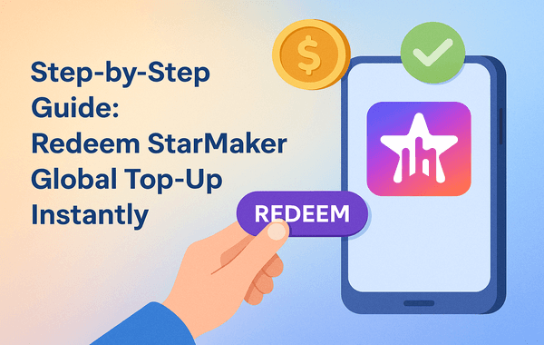 Illustration of a hand holding a Redeem button toward a phone displaying the StarMaker app logo symbolizing an instant global top up redemption process