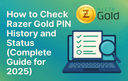 Illustration showing a Razer Gold logo beside a laptop screen displaying a checklist and magnifying glass with the title How to Check Razer Gold PIN History and Status Complete Guide for 2025