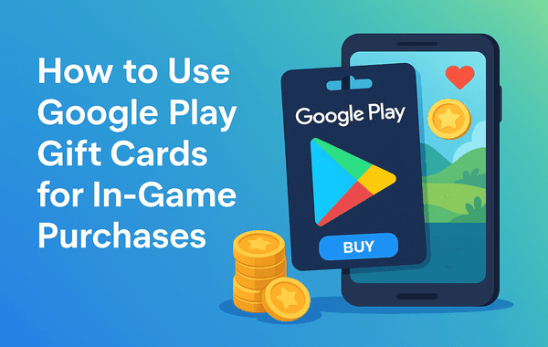 Illustration of a Google Play gift card beside a smartphone and gold coins with text about using Google Play gift cards for in game purchases