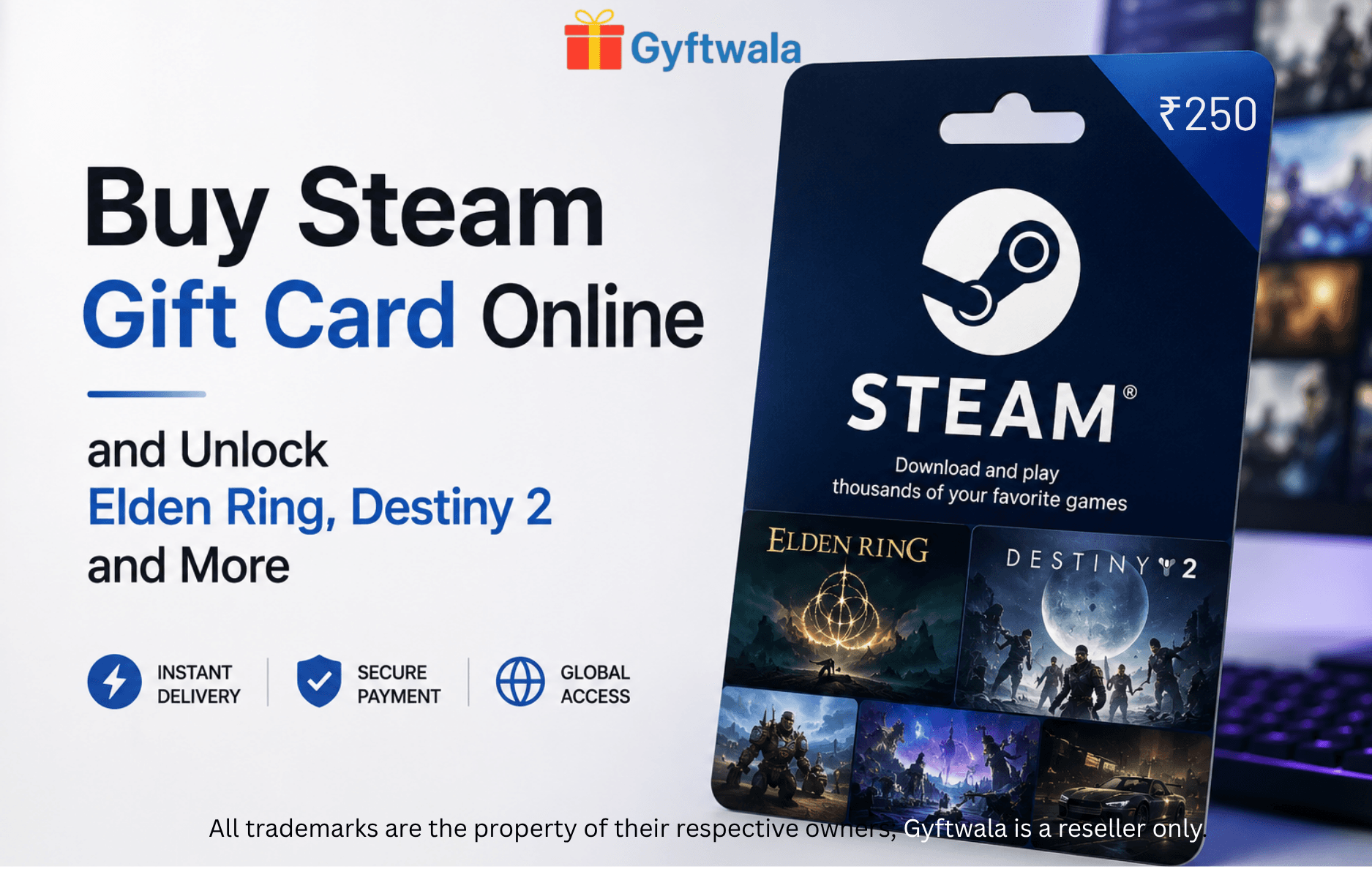 Steam Gift Card with Elden Ring and Destiny 2 artwork on gaming-themed banner