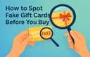 Illustration showing hands examining gift cards with magnifying glasses emphasizing tips on how to spot fake gift cards before buying