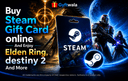 Steam Gift Card with Elden Ring and Destiny 2 artwork on gaming-themed banner