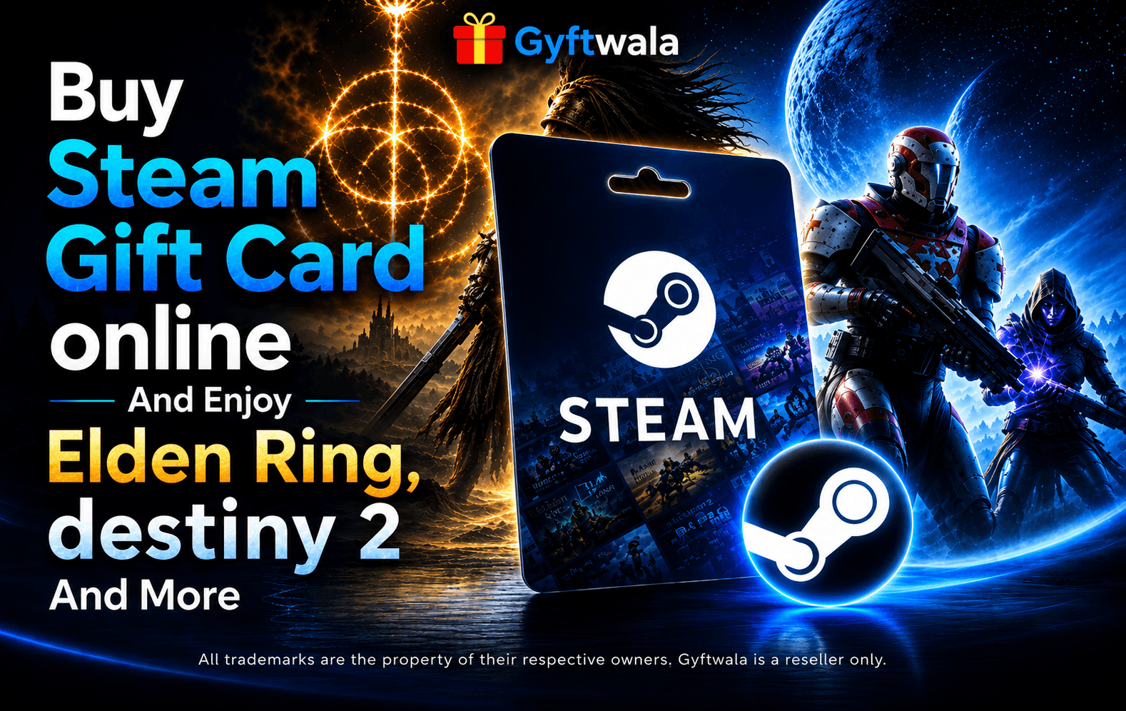 Steam Gift Card with Elden Ring and Destiny 2 artwork on gaming-themed banner