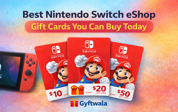 Top Nintendo eShop Gift Cards for Switch games buy now guide showing Nintendo Switch console and digital gift card codes for instant gaming purchases