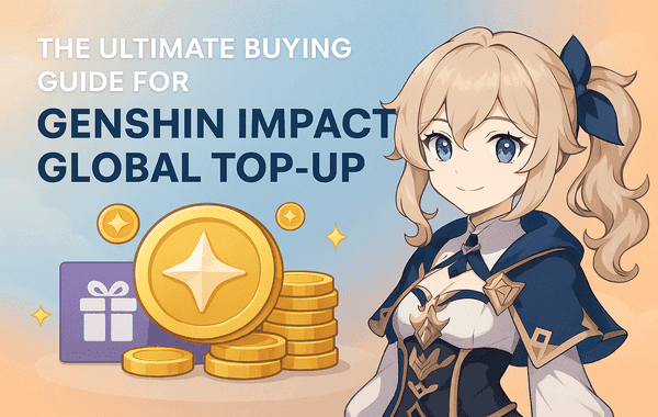 Illustration of a smiling Genshin Impact character beside gold coins and a gift icon promoting a global top up buying guide