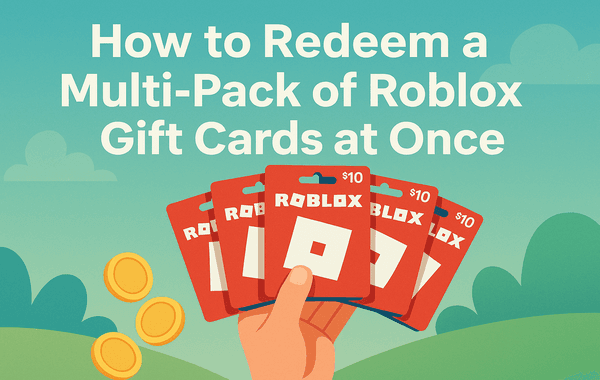 Hand holding multiple 10 Roblox gift cards with text How to Redeem a Multi Pack of Roblox Gift Cards at Once