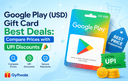 Google Play USD gift card with price comparison and UPI discount offers showing mobile payment digital wallet balance and gaming app purchases