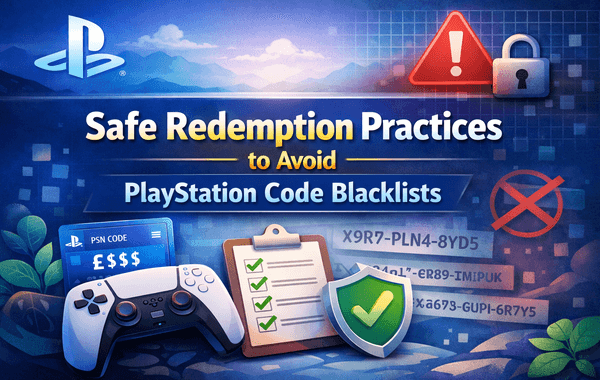 Banner on PlayStation safety showing a controller checklist shield warning icons and text about avoiding PSN code blacklists