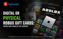 Choose between digital and physical Robux gift cards on a premium gaming desk.