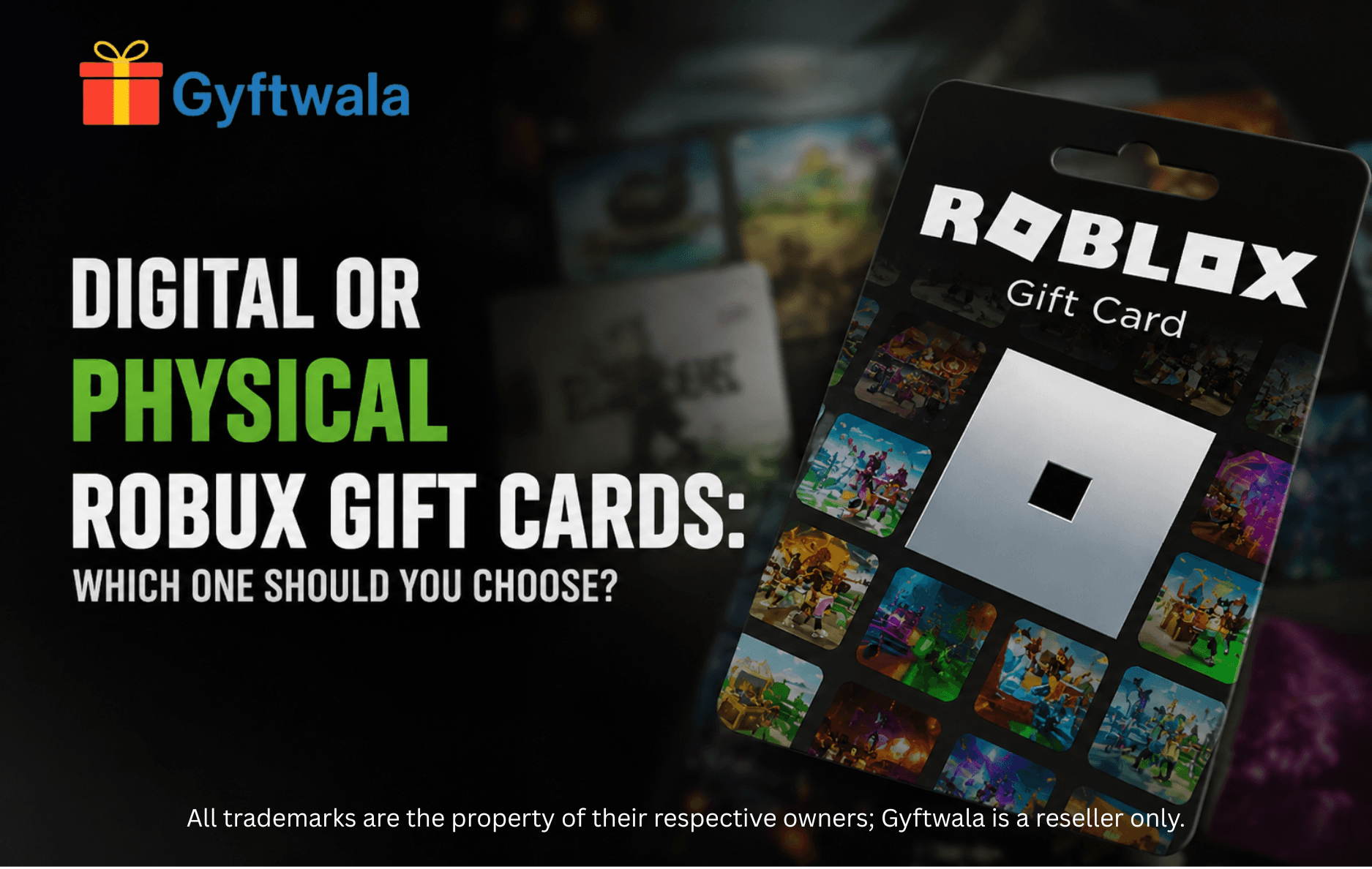 Choose between digital and physical Robux gift cards on a premium gaming desk.
