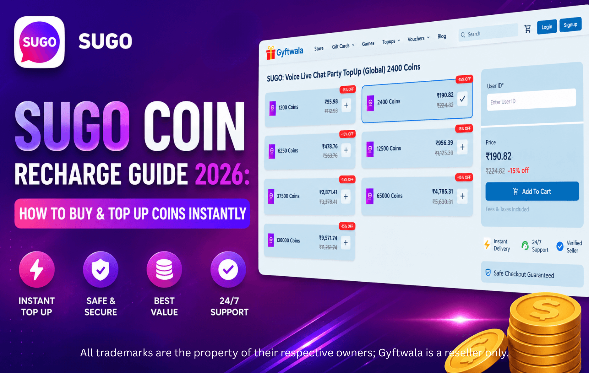 Step-by-step guide to SUGO Coin recharge on Gyftwala showing coin packages and instant top-up process