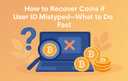 Illustration showing a laptop with an error symbol coins and a magnifying glass representing how to recover coins after entering a mistyped user ID
