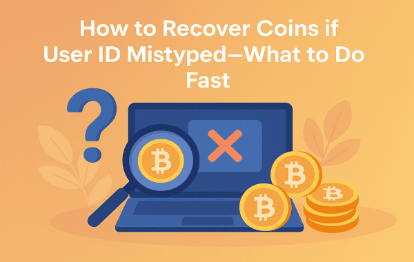 Illustration showing a laptop with an error symbol coins and a magnifying glass representing how to recover coins after entering a mistyped user ID