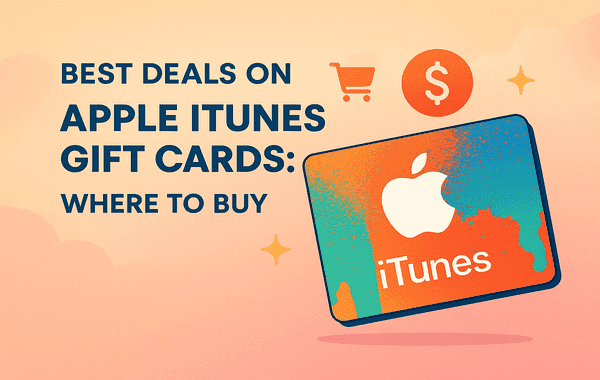 Colorful Apple iTunes Gift Card illustration with shopping and discount icons promoting best deals and where to buy online