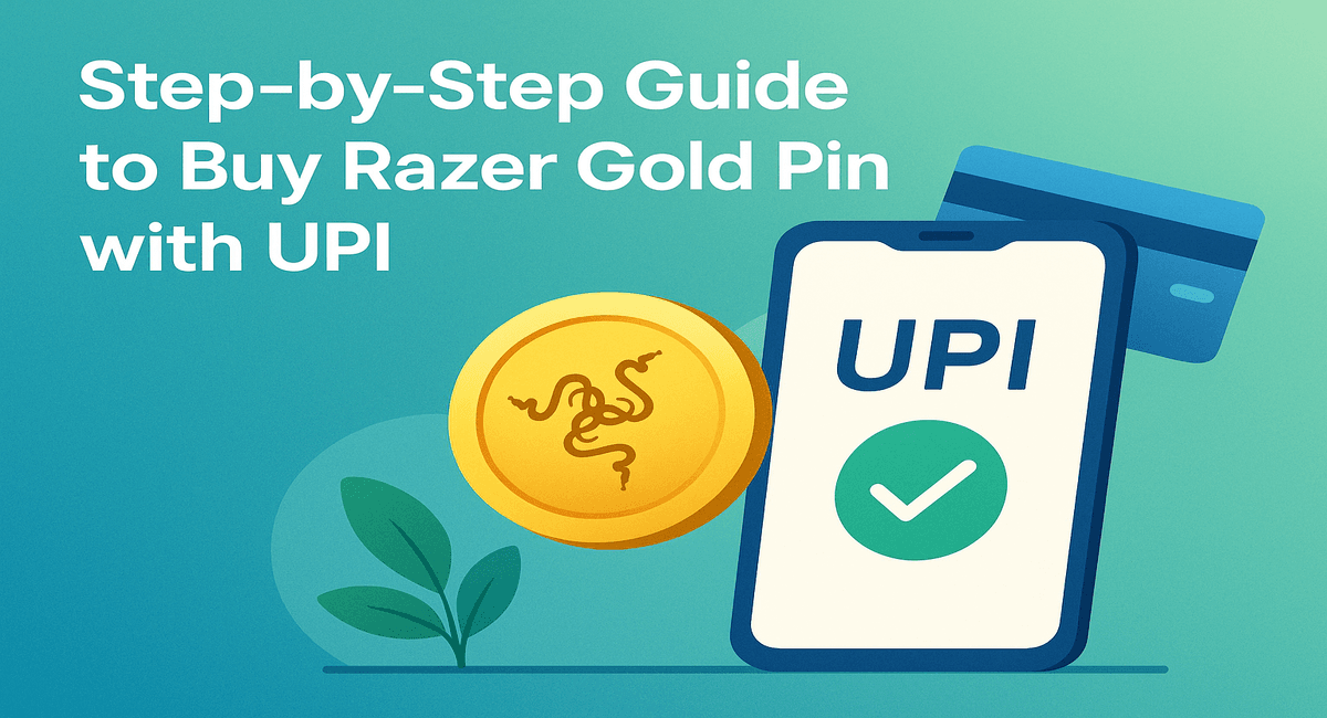 Illustration of smartphone showing UPI with credit card and Razer Gold coin with text Step by Step Guide to Buy Razer Gold Pin with UPI