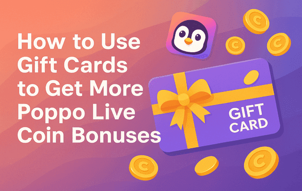 Illustration of a purple gift card with a yellow ribbon surrounded by Poppo Live Coin icons and the Poppo Live app logo with the text
